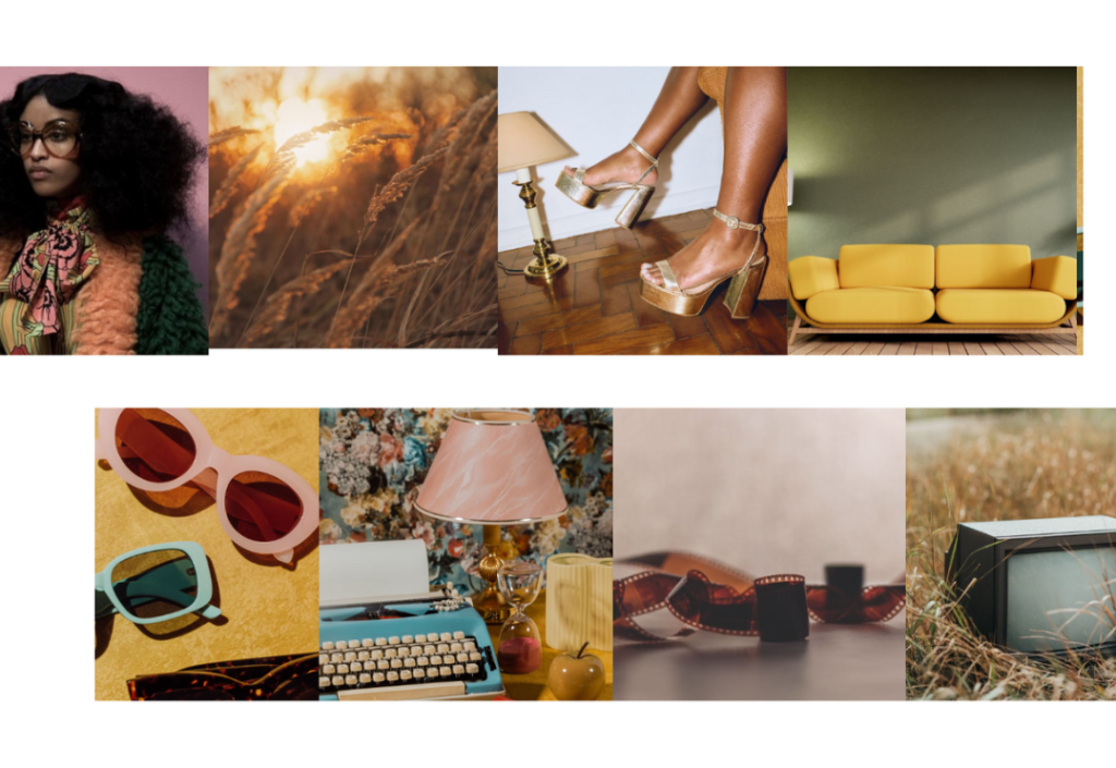 A collage of retro images that inspired the editorial theme. Images include 70s platform heels, an old TV, blue tyoewriter, retro glasses, and a 70s-styled woman.